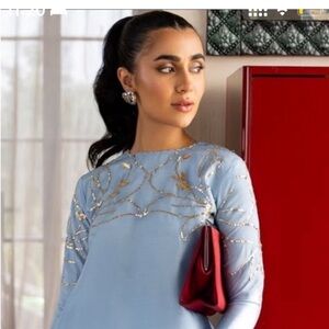 Elegant Blue Dress with Gold Embroidery